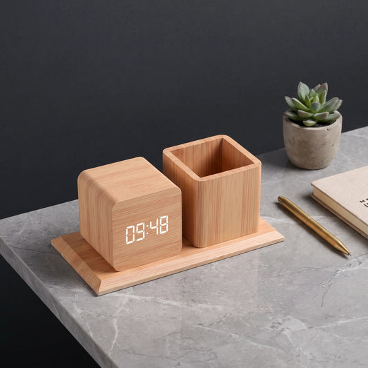 Wooden Pen Holder with Digital Clock - Loopify