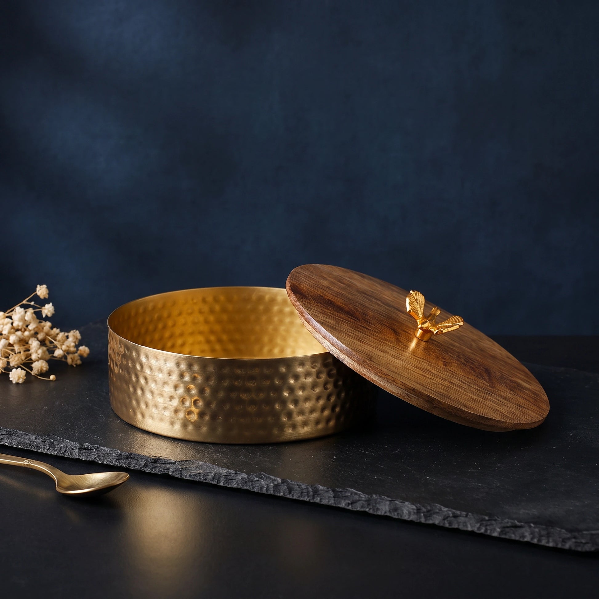 Gold-Tone Metal Box with Wooden Lid - Loopify