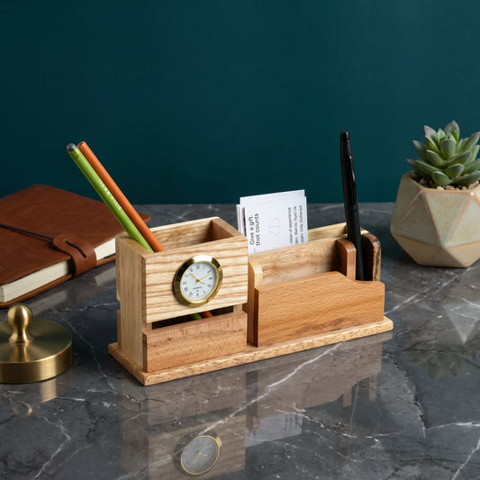 Woodly Clock & Card Pen Stand - Loopify